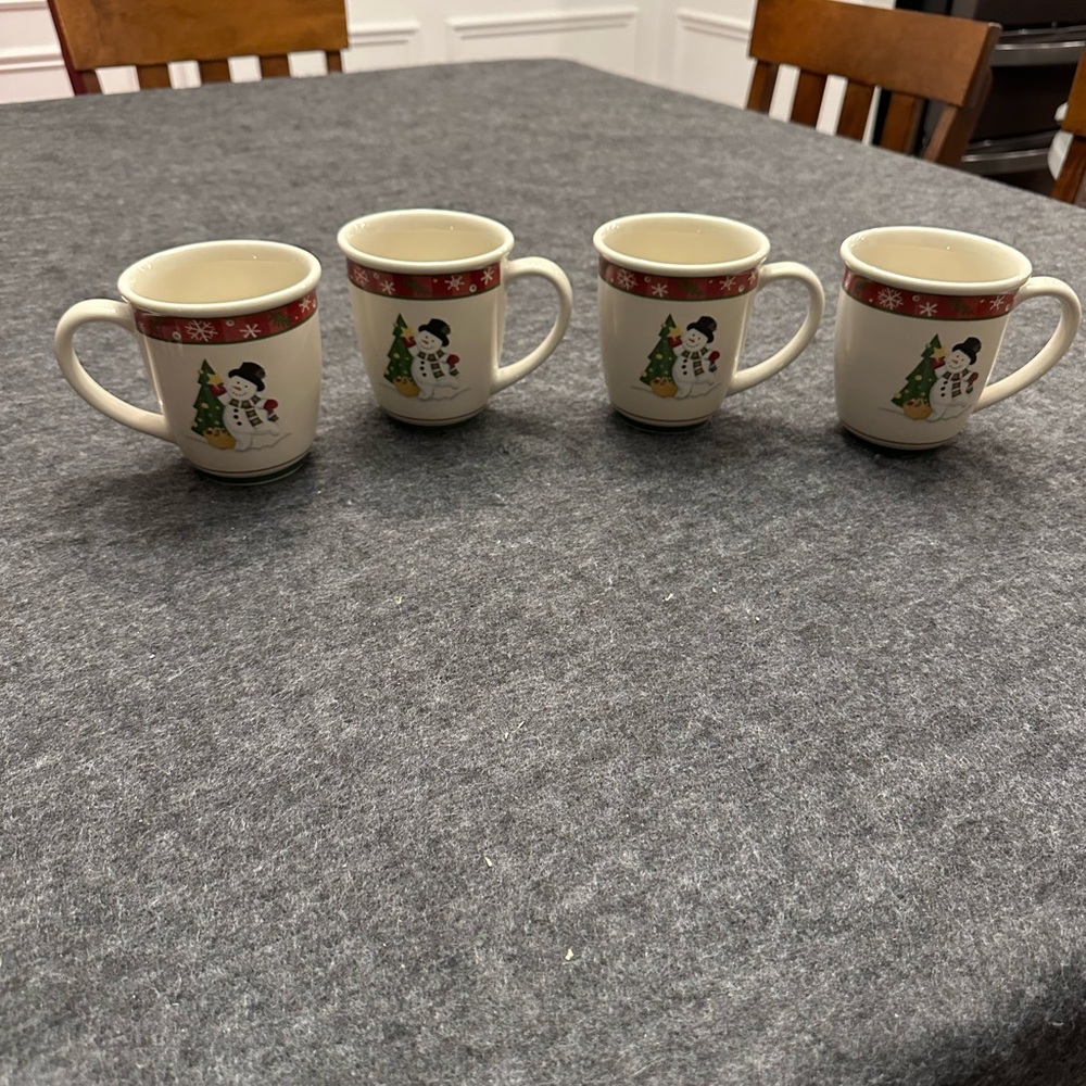 Longaberger Snowman Mugs - Cream with Red and Green Accents - Set of 4